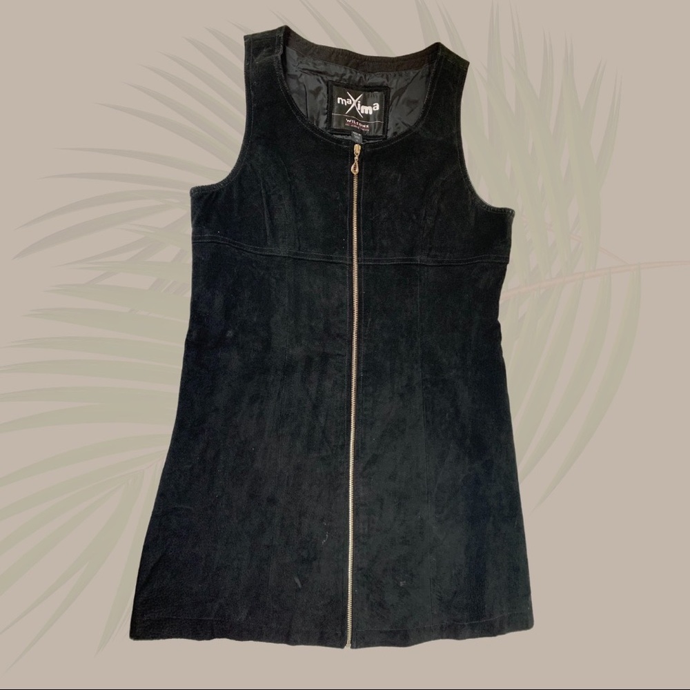 Vintage Maxima Suede Jumper Sleeveless Zip Up Tunic Black Dress Junior Medium